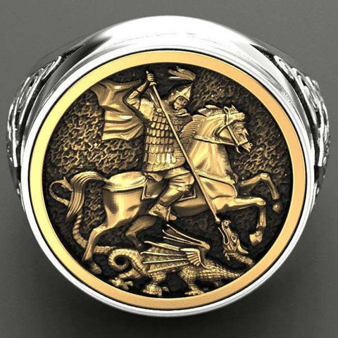 Boho Sovereign Men's Ring St George's Portrait Gold Silver Color Roman Soldier's Dragon Rings for Men Viking Jewelry Bague Homme ► Photo 1/5