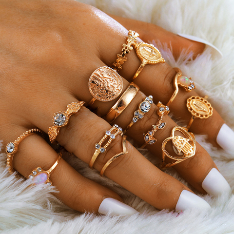 Tocona 15 Pcs/set Boho Virgin Mary Gold Rings for Women Heart Fatima Hands Anillos Cross Leaf Geometric Kольцо Jewelry 7056 ► Photo 1/6