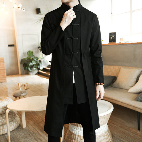 Men Loose Vintage Cotton Linen Trench Coat Men Fake two Pieces Cardigan Kimono Coat Male Long Chinese Style Black Windbreaker ► Photo 1/6