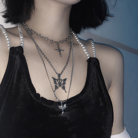 HUANZHI 2022 3pcs/set Three Layer Butterfly Cross Angel Pendant Metal Chain Necklace for Women Punk Cool Guy Jewelry ► Photo 1/6