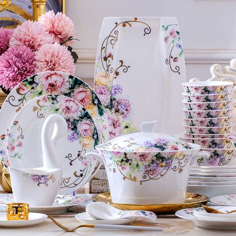 60 Heads Dish set home simple European jingdezhen ceramics Chinese bowl plate combination dishes and plates sets ► Photo 1/6