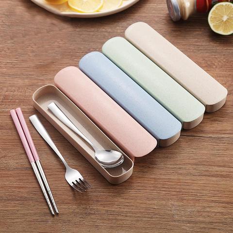 Outdoor Reusable Practical Transparent Cover Wheat Straw Slot Design Cutlery School Tableware Box Set With Storage Bag Travel ► Photo 1/6