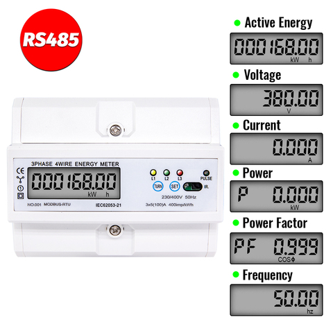 DIN Rail 3 Phase 4 Wire Energy Meter Digital Power Factor Monitor with Voltage Current Frequency Display RS485 5(100)A 220/380V ► Photo 1/6