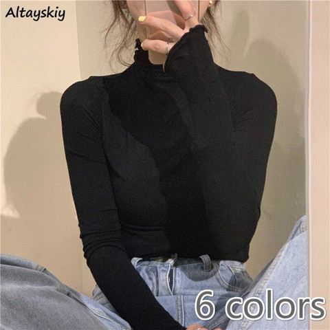 Long Sleeve T-shirts Women Solid Simple Basic All-match Korean Trendy Womens Tops Daily Soft Autumn Popular Ladies Clothing Tee ► Photo 1/6