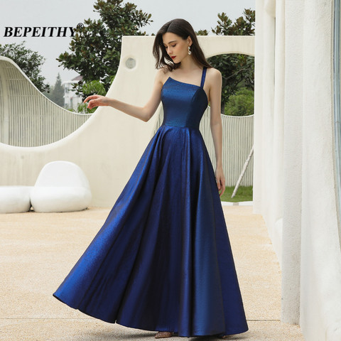 BEPEITHY One Shoulder Glitter A-Line Blue Evening Dresses Long Luxury 2022 Party Sleeveless Shining Prom Gown For Women New ► Photo 1/6