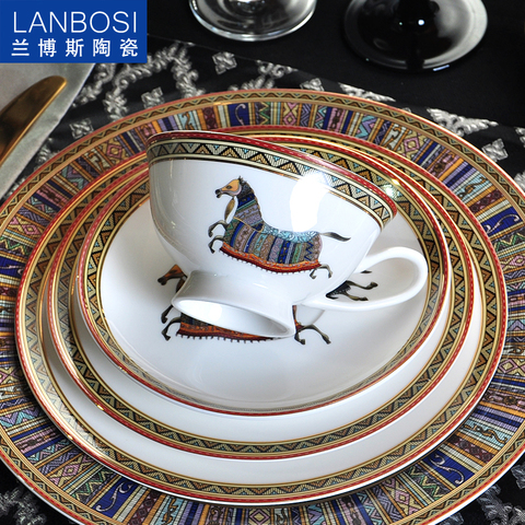 Chinese Style Luxury Porcelain Dinner Plates Creative Ceramic Horse  Hotel Tableware Cutlery Set Decorative Flat Steak Plate ► Photo 1/6