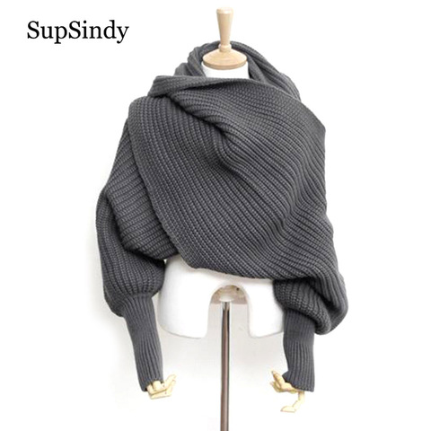 SupSindy European style Winter women long scarf with sleeves wool knitted scarves for women Thick Warm Casual Shawl High quality ► Photo 1/6