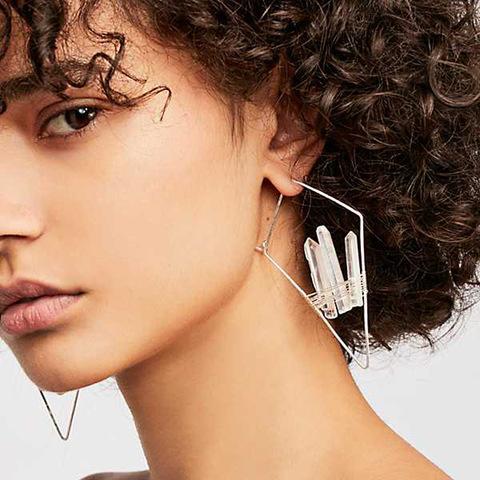 Fashion Gold Plating Geometric rhombic Copper Wire Hoop Earring With Natural Quartz Stone Earrings for Women ► Photo 1/5