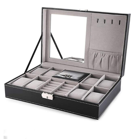 Leather Watch Box 8 Mens Watch Organizer Jewelry Display Drawer Lockable Watch Case Organizer & 8 Slots Rings Tray With Lock ► Photo 1/5