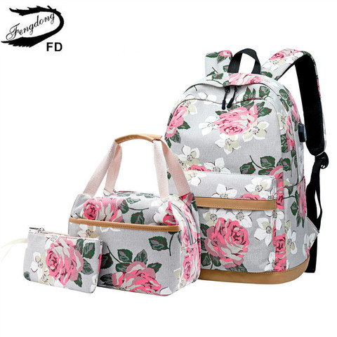 Fengdong 3pcs/set korean style flower canvas school backpack children floral book bag set school bags for teenage girls bagpack ► Photo 1/6