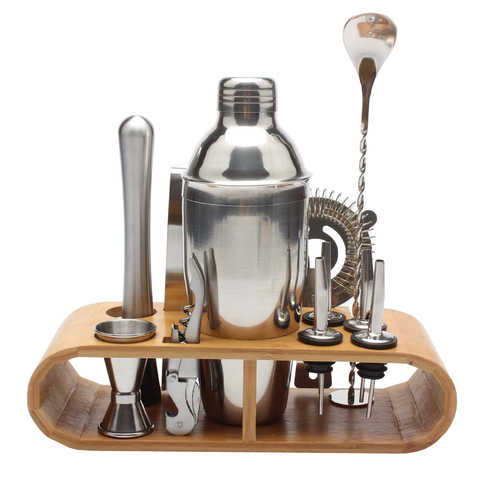 12 Pcs Cocktail Shaker Set 750ml/550ml Jigger Mixing Spoon Tong Barware Bartender Tools Wood Storage Stand ► Photo 1/6