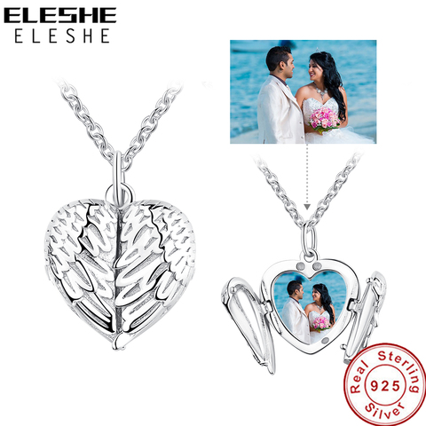ELESHE 925 Sterling Silver Angel Wing Necklace Pendant for Women Long Chain Necklaces Personalized Custom Photo Heart Jewelry ► Photo 1/6