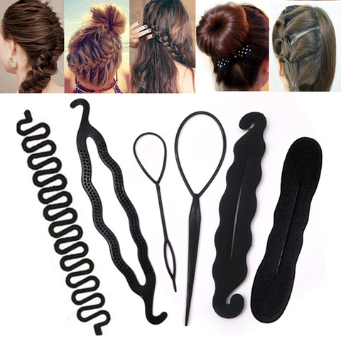 4pcs/set Black Plastic Hair Loop Styling Tool Magic Topsy Tail Hair Braid  Ponytail Styling Clip Bun Maker for Girls Hairstyles Maker Styling
