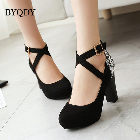 BYQDY Fashion Cross-tied Ankle Strap Female Pumps Wedding Party Shoes Platform Round Toe Dress Women Shoes High Heels Suede Shoe ► Photo 1/6