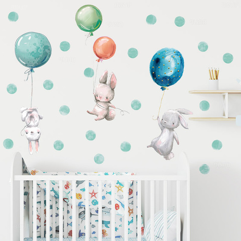 Cartoon Cute Bunny Air Balloon Wall Stickers for Baby Nursery Room Decoration Wall Decals Matte Material PVC Stickers Watercolor ► Photo 1/6