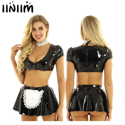 Womens Ladies Wetlook Clubwear Cocktail Party Leather Latex French Maid Dress Cosplay Costumes Crop Top with Flared Mini Skirt ► Photo 1/6