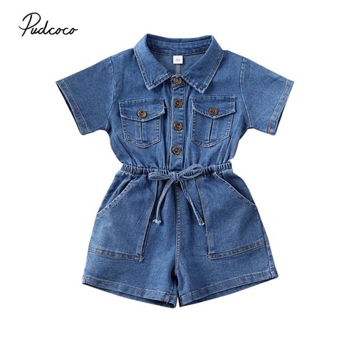 2022 Baby Summer Clothing Toddler Kid Baby Girl Romper Short Jumpsuit Solid Blue Denim Outfit One-Piece ► Photo 1/6