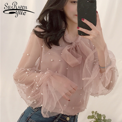 2022 Autumn Women Chiffon Shirt Gauze Bow Beading Pink White Blosue with Lace Lady's Tops Female Office Shirts Blusa 4323 50 ► Photo 1/6