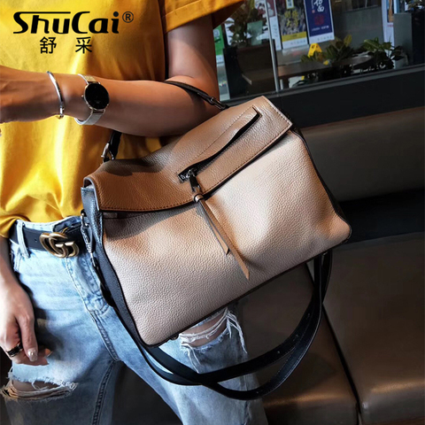 SHUCAI Genuine Leather Shoulder bag women's handbag lady's Stitched messenger bag luxury Designer crossbody bags for women Totes ► Photo 1/6