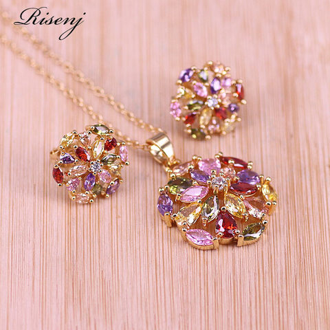 Risenj Rose Square Colorful/White Zircon Rose Gold Jewelry Set For Women Stud Earrings Necklace With Pendant Anniversary Present ► Photo 1/6