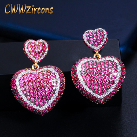 CWWZircons Black Gold Color 2 Tone Rose Red Cubic Zirconia Dangle Drop Love Heart Shape Earrings for Women Party Jewelry CZ814 ► Photo 1/6