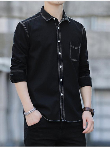 2022 New black 100% cotton shirt Japanese chic casual shirt imitation denim wash plain long sleeve shirt simple fashion shirt ► Photo 1/6