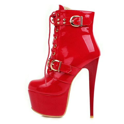 Ankle Boots Women Platform Sexy 16cm High Heels Short Boots Red White Patent Leather Lace Up Fetish Shoes Woman Large Size 48 ► Photo 1/6