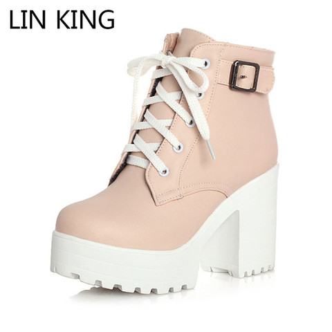 LIN KING Vintage Buckle Thick Heel Short Boots Square Heel Women Platform Ankle Boots Fashion Pu Lace Up Short Boots Big Size ► Photo 1/6