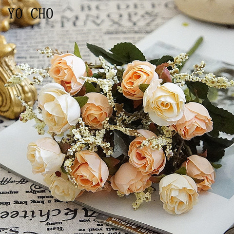 YO CHO Artificial Flower 15 Heads Silk Rose Flower Girl Wedding Mini Bouquet Champagne Blue DIY Home Party Wedding Decoration ► Photo 1/6