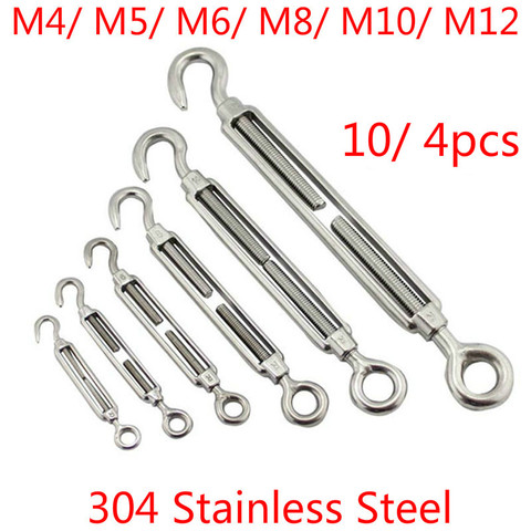 304 Stainless Steel M4 M5 M6 M8 M10 M12 Hook & eye Turnbuckle Wire Rope Tension Adjusting Chains Rigging 10/ 4/ 2pcs ► Photo 1/5