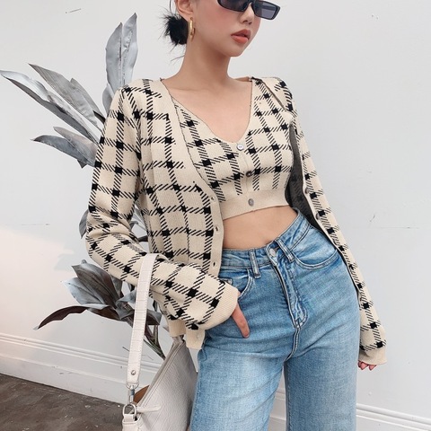 Retro style sexy short suspenders + plaid knitted jacket two-piece women 2022 spring and autumn fashion suit ► Photo 1/6