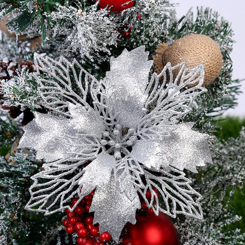 10 Pcs Christmas Glitter Poinsettia Flowers Artificial Christmas Flowers  Decorations Holiday Wedding Xmas Tree New Year Ornaments