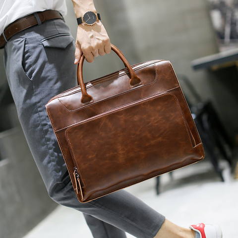 100% Genuine Leather Men's 11" Vintage  Business Handbags Crossbody Shoulder Bag