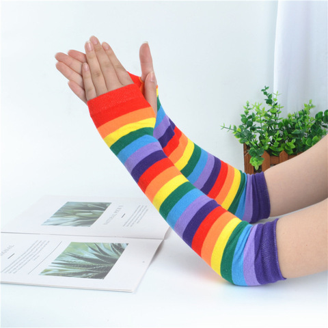 Women Winter  Elbow Length Fingerless Arm Sleeve Warmer Rainbow Colored Striped Knitted Sunscreen Girl Halloween Costume Gloves ► Photo 1/6