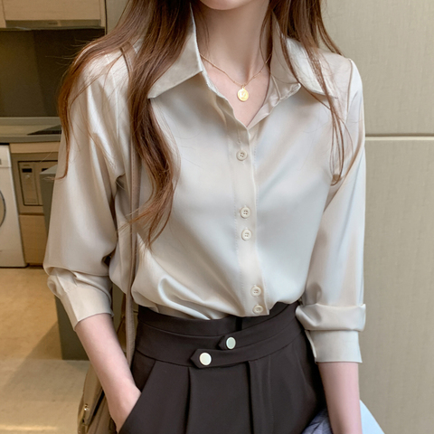 Silk Shirts Women Satin Shirt for Women Long Sleeve White Shirt Office Lady Satin Silk Blouse Tops Plus Size Woman Basic Blouses ► Photo 1/6