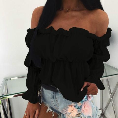 Women Blouse Solid Color Long Sleeve Lace Off Shoulder Ruffled Edges Short Blouse Shirt Ladies Top Clothing блузка женская 2022 ► Photo 1/6