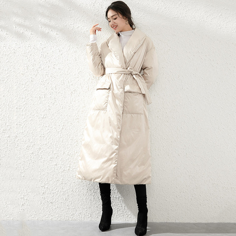 winter pure color down jacket female fashion v-neck bind cultivate morality with thick long over-the-knee feather coats ► Photo 1/5
