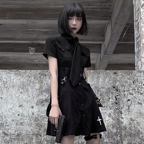 QWEEK Women's Goth Dress Punk 2022 Gothic Harajuku Shirt Dress Gothic Punk Rock Dress Rave Emo Clothes Mall Goth Accessories ► Photo 1/6