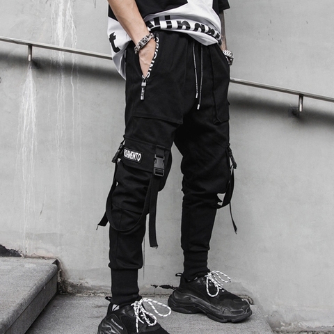 Men Cargo Pants Black Ribbons Block Multi-Pocket Harem Joggers