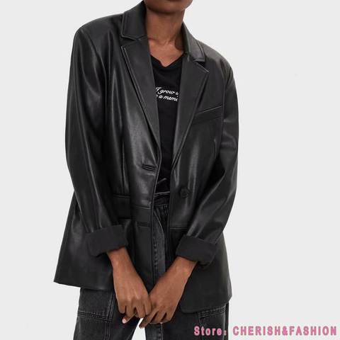 Loose PU Faux Leather Blazers Women Leather Jacket Coat 2022 New Women's Jackets Outerwear Ladies Coats Female Leather Suit ► Photo 1/6