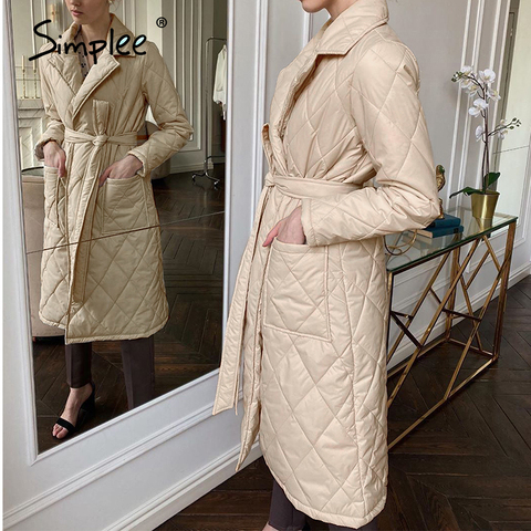 Simplee Long straight winter coat with rhombus pattern Casual sashes women parkas Deep pockets tailored collar stylish outerwear ► Photo 1/6