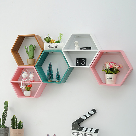 Nordic Style Wooden Decor Wall Mount Hexagonal Frame Books Toys Flower Pot Storage Shelf Holder Figurines Display Crafts Shelves ► Photo 1/6