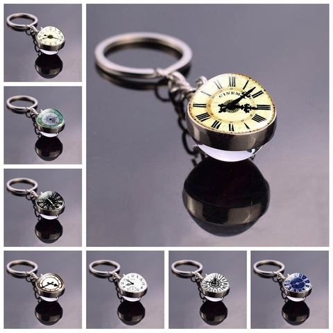 Steampunk Clock Pattern Unique Cabochon Glass Ball Keychain Charms For Men And Women Silver-plate Vintage Clock Key Chain ► Photo 1/5