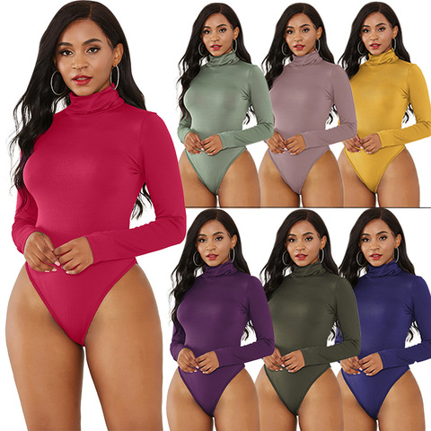 10Color Long Sleeve High Neck Jumpsuits Women Fit All-in-one Pants Autumn Solid Skinny Vintage Turtleneck Bodysuit Women Rompers ► Photo 1/6