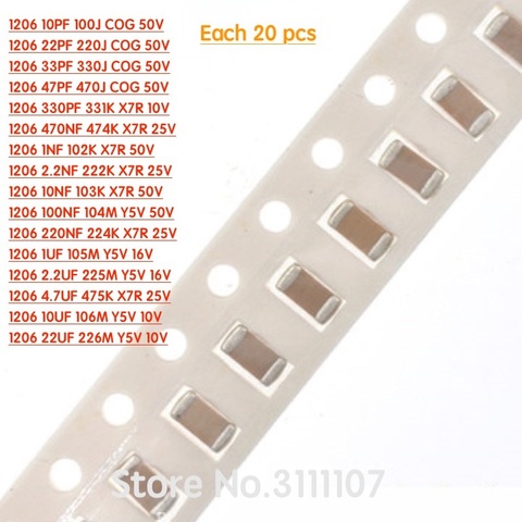 320PCS/LOT 1206 SMD 10PF~22UF  3216 Capacitor Assorted kit ,16values*20pcs=320pcs  Samples Kit Electronic Diy Kit ► Photo 1/2