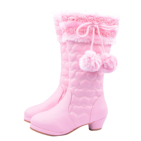 ULKNN Winter Snow Boot For Children Girls' High-heeled Princess Leather Footwear Cute Shoes Comfortable Velvet Warm Non-slip Zip ► Photo 1/6