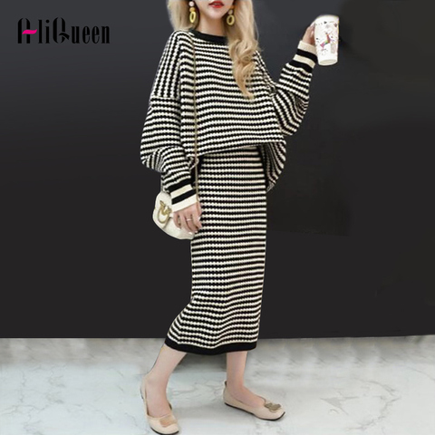 Autumn Women Knitted Two Piece Set Sweater Suits Striped Pullover + Slim Midi Skirts Set Female Outfits Oversize Warm Tracksuit ► Photo 1/6