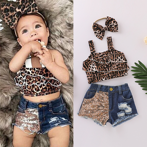 0-3Y Denim Outfits for Toddler Baby Girls Sleeveless Leopard Crop Tops vest Hipster Jean Pants Shorts 2022 Summer Clothes Set ► Photo 1/6