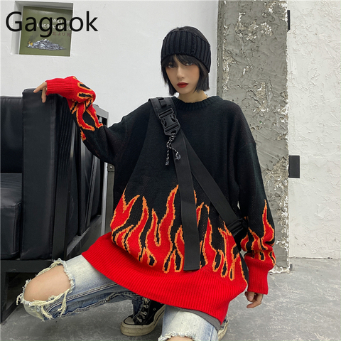 Gagaok Loose Harajuku Women Sweater Knit Top Spring Autumn Flame Sweaters Female Fashion Long Outfit Pullovers Plus Size ► Photo 1/6