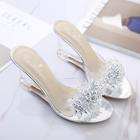 Summer New Wedges Sandals Women Sexy Crystal Transparent High Heels Glass Slippers String Bead PVC Slippers Fashion Shoes 986 ► Photo 1/6